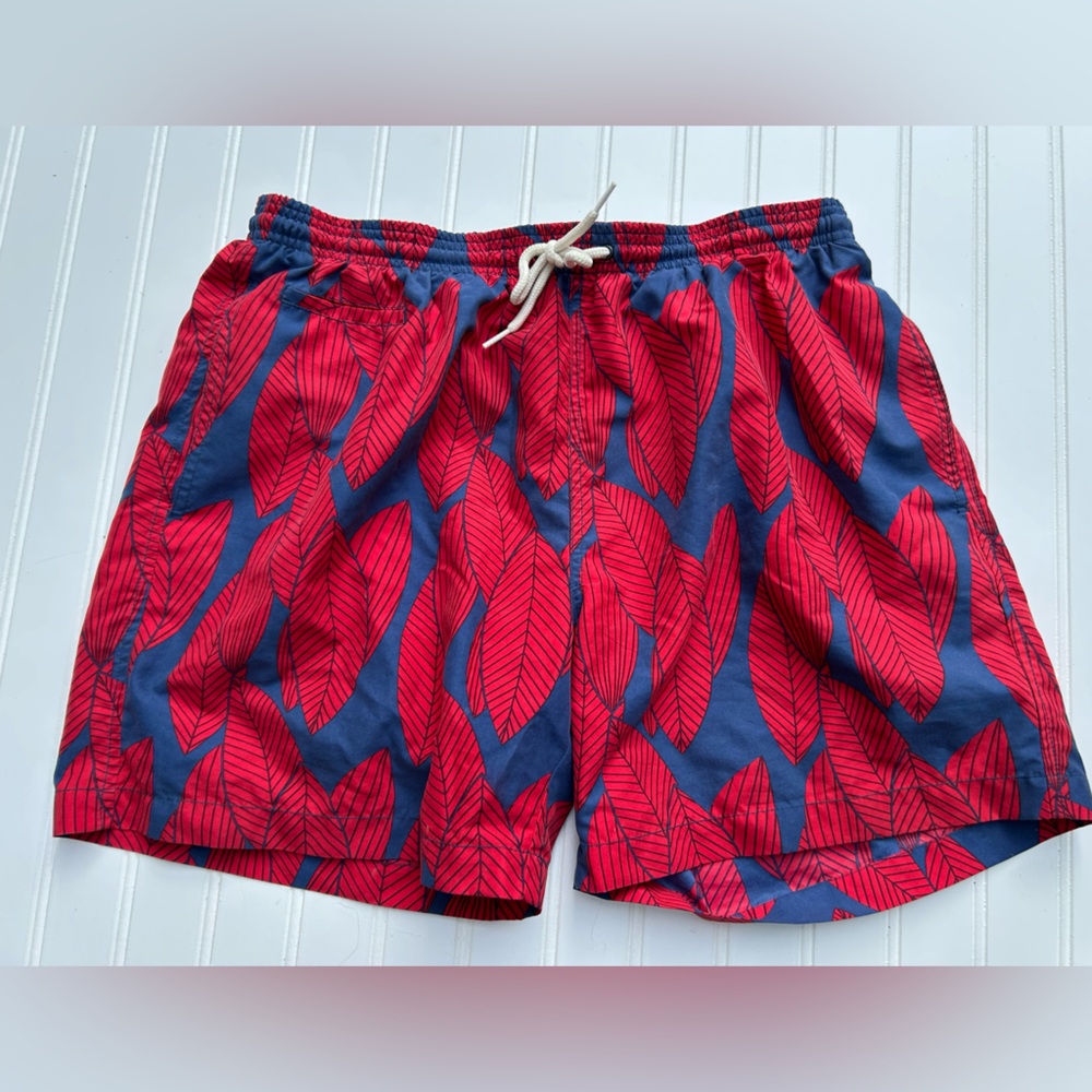 Trunks Surf and Swim Men’s Swim Suit Leaf Pattern Swim Shorts Red Blue Leaves L